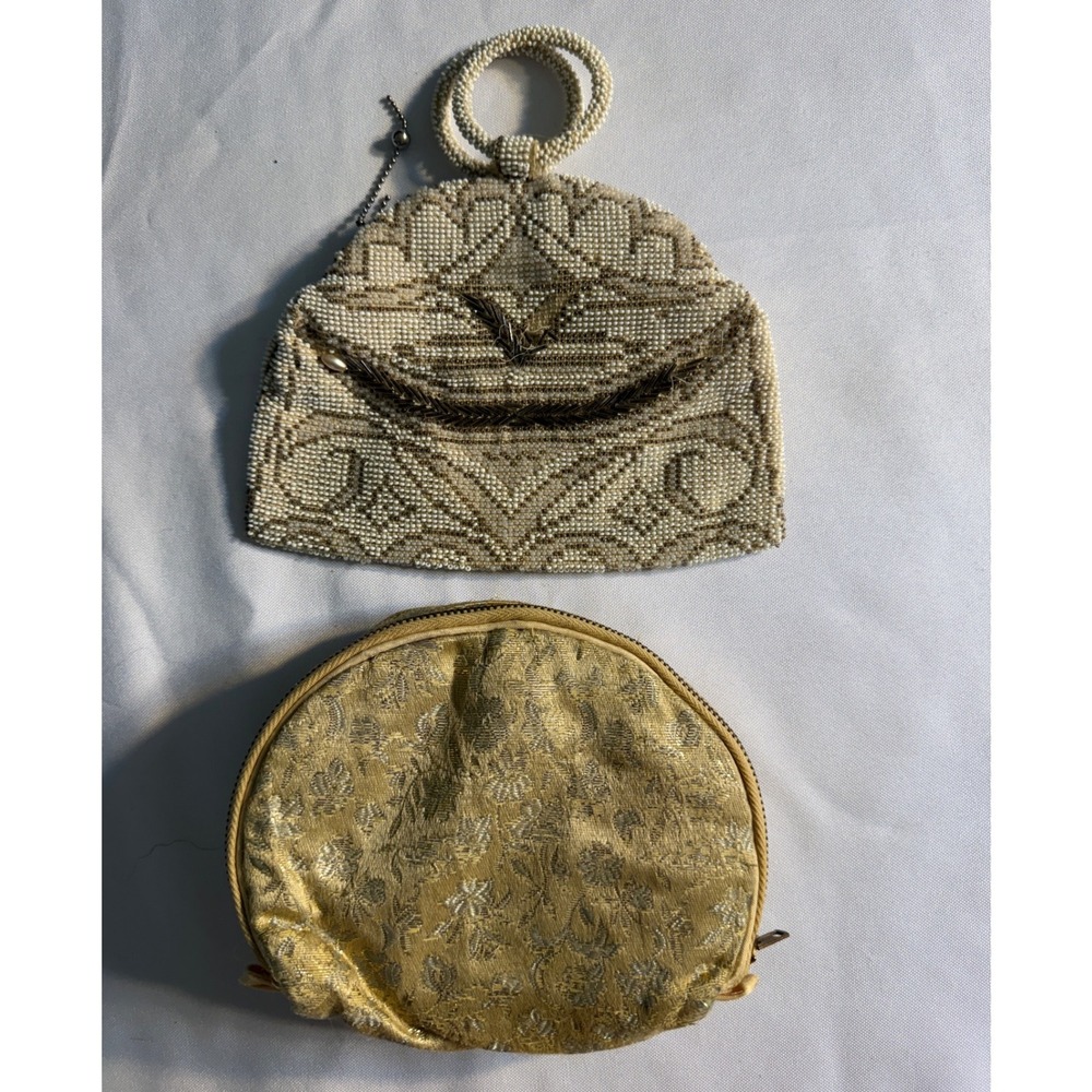 Vintage Beaded Evening Wristlet Purse & Gold Brocade Vanity Bag Set Jewelry Case